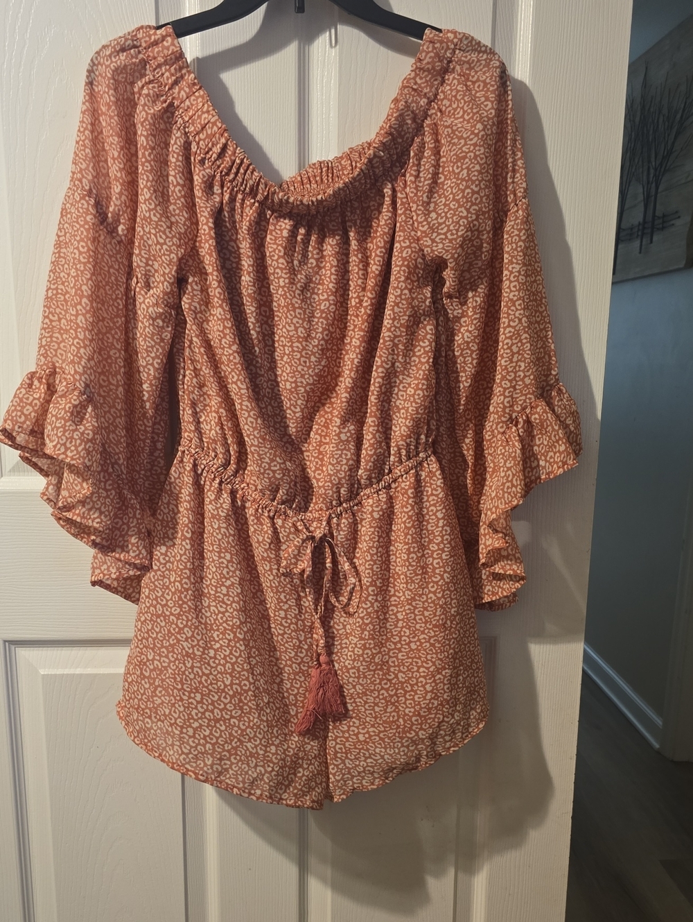 indulge Rust Off-Shoulder Romper with Tassel Tie